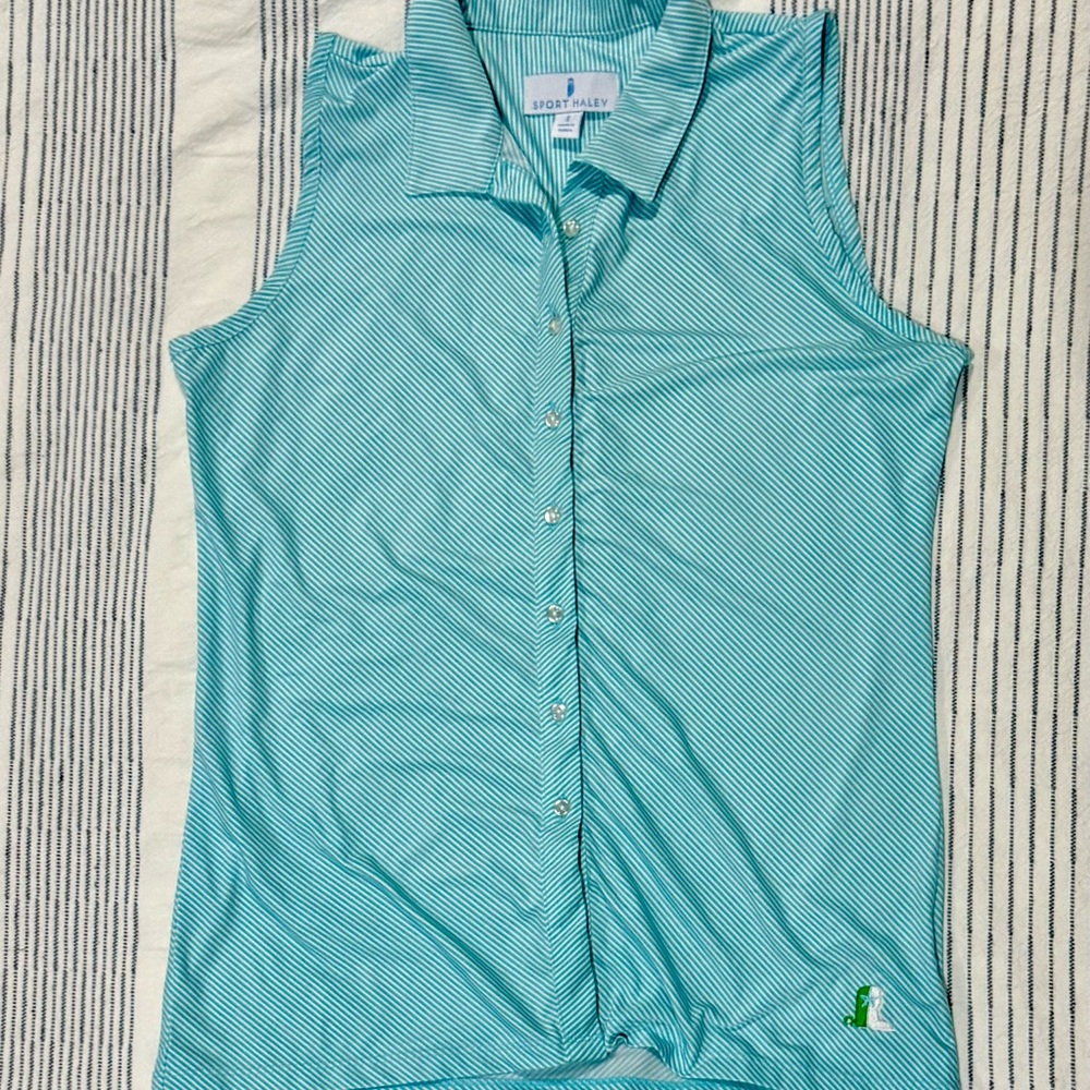 Sport Haley Blue Button Down Shirt with Ruched Detail